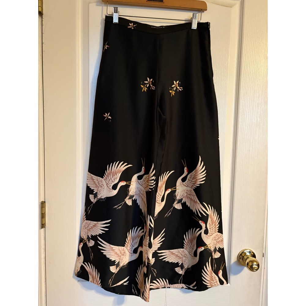 Zara Black Wide-Leg Pants with Crane Print